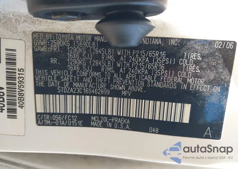 2006 Toyota Sienna Le из США, поврежденный, VIN 5TDZA23C16S462899